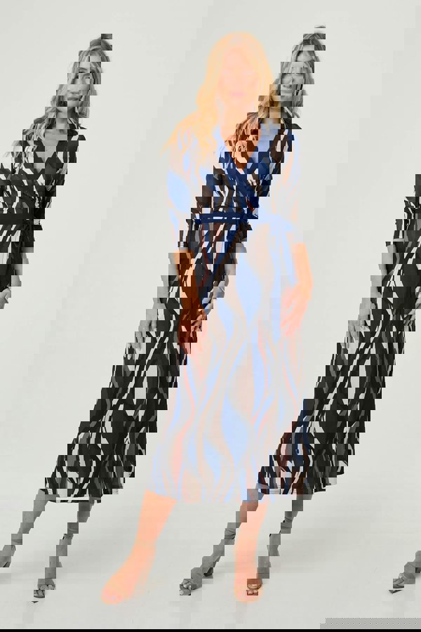 Blue | Striped 3/4 Sleeve Midi Wrap Dress : Model is 5'10"/178 cm and wears UK8/EU36/US4/AUS8