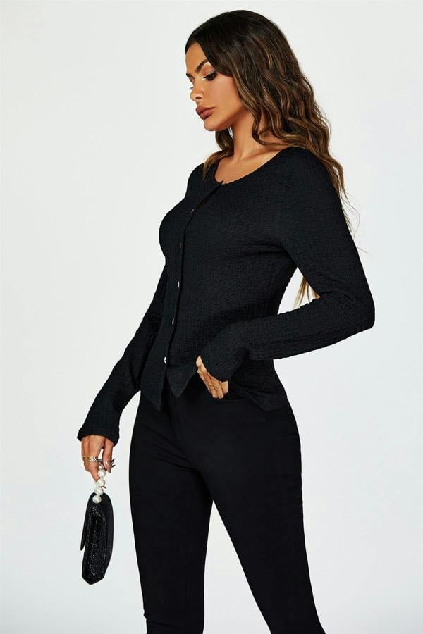 FS Collection Button Down Ruched Stretch Long Sleeves Top In Black