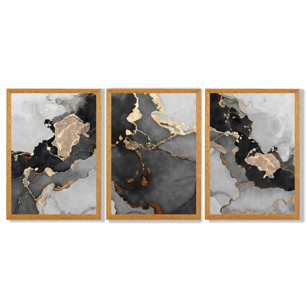 Artze Wall Art Framed Set of 3 Abstract Art prints of Paintings Black Grey and Gold
