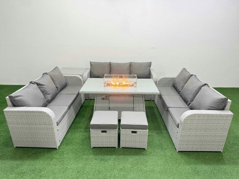 Fimous PE Rattan Lounge Sofa Set 11 Seater Outdoor Garden Furniture Set with Fire Pit Dining Table 3 Seater Sofa 2 Stools Side Table Light Grey
