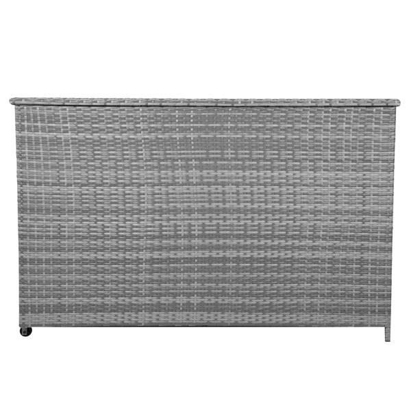 Grey rattan cushion storage box with a textured weave design, featuring a spacious interior and a flat top for easy access
