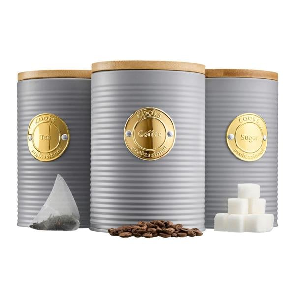 Cooks Professional 3 Piece Kitchen Storage Set with Bamboo Lids | Grey / Gold