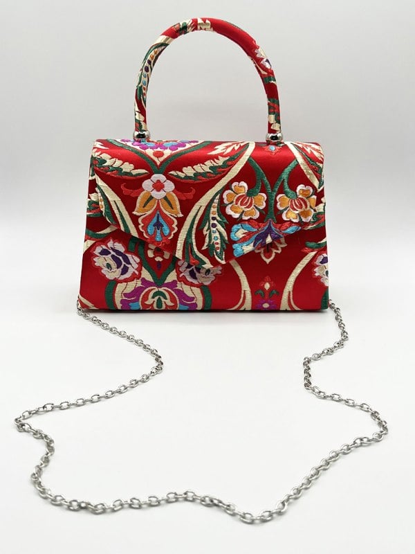 SVNX Floral Satin Embroidered Top Handle Bag in Red