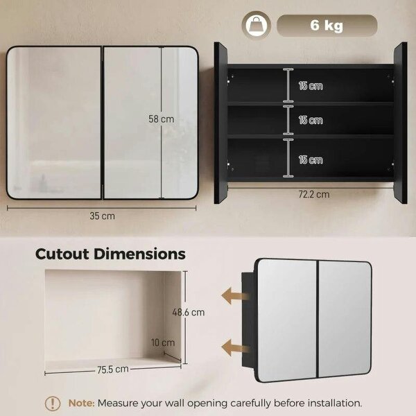 76.2 x 11.6 x 61 cm Bathroom Mirror Cabinet, Wall Cabinet with Adjustable Shelves, Wall-Mounted or Recessed, Black