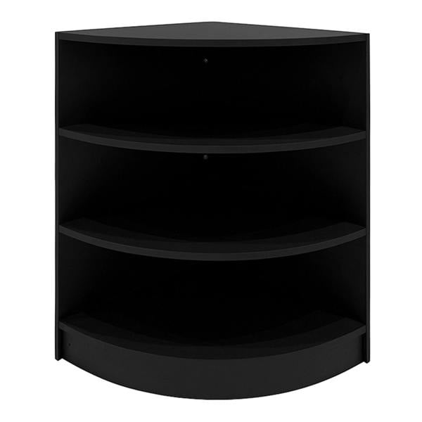 Black corner shop counter with three spacious shelves, sleek design, and smooth finish, ideal for retail displays and organization