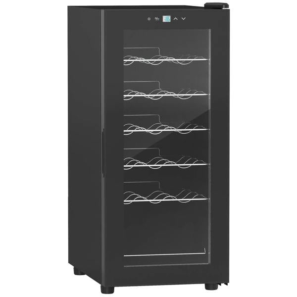Black wine fridge with clear front glass door and stacked bottle cooling shelves