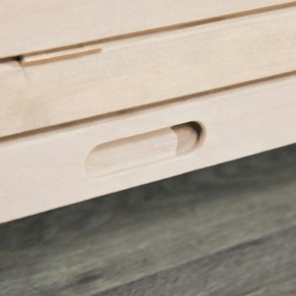 Natural wood front handle and latch slot detail on a rodent cage panel