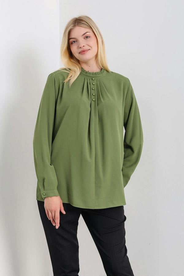 Hoxton Gal Oversized Ruffle Neck Top with Long Sleeves in Khaki
