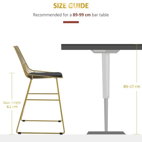 Gold wire bar stool with black cushion, shown with seat height measurements