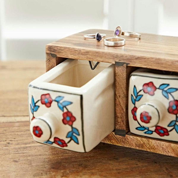 Paper High White Floral Mango Wood 3 Drawer Jewellery Box