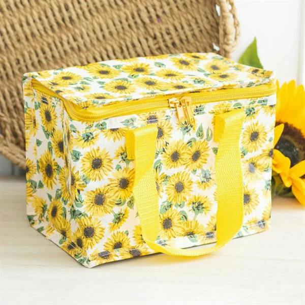 Sunflower print lunch bag with yellow zipper and side handle straps