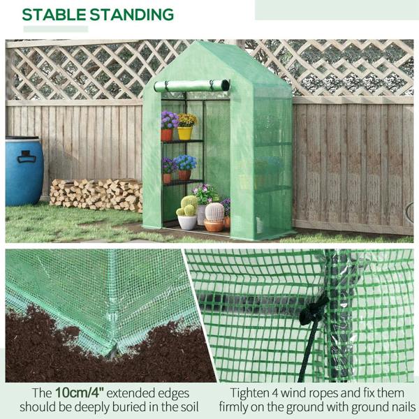 Green greenhouse with steel frame, PE mesh cover, and roll-up door secured with ropes