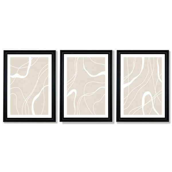 Set of 3 Abstract Neutral Beige Framed Art Prints with Vermeer Black Frames