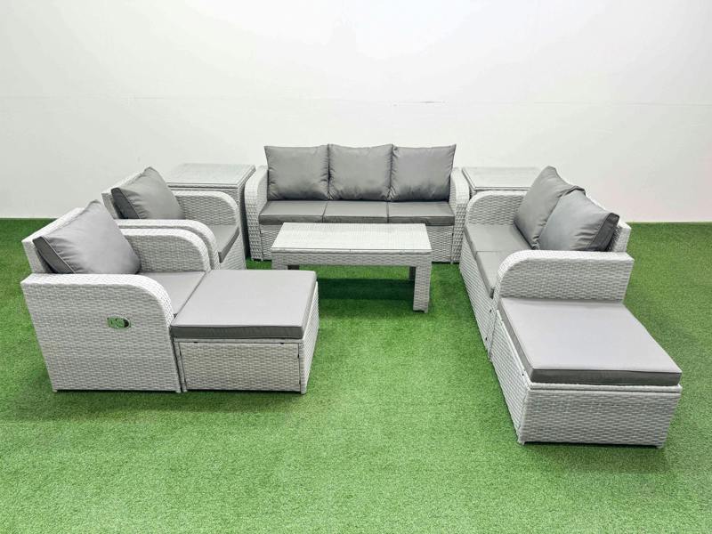 Fimous PE Rattan Garden Set, Double Love Seat Sofa, 2 Seater Lounge, Rectangular Coffee Table, 2 Big Footstools and 2 Side Tables, Light Grey
