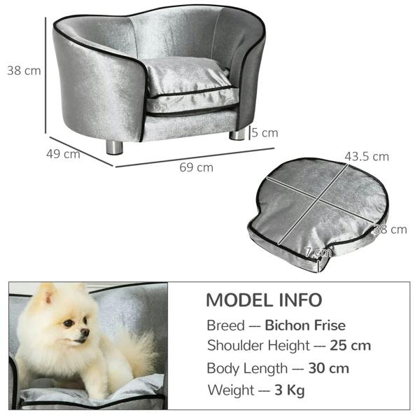 Grey pet sofa chair with removable cushion and black piping; size diagram
