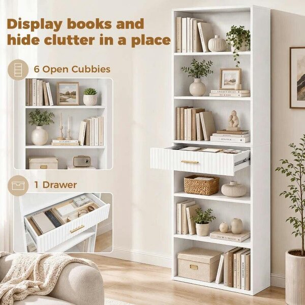 Bookcase Narrow Tall Space-Saving Bookshelf Drawer Open Shelves 60 x 24 x 182 cm White