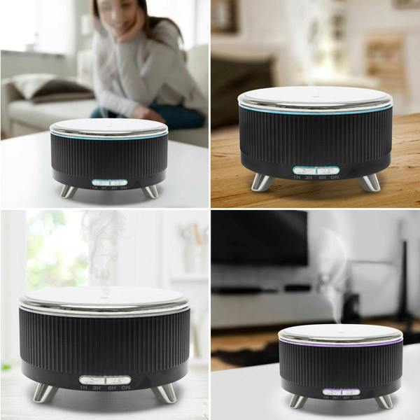 Four-panel collage of the Rio SONAS Aroma Diffuser, Humidifier & Night-Light: a woman smiles by the misting device in one panel, with close-up views of its round black design and glowing mood light in the others.