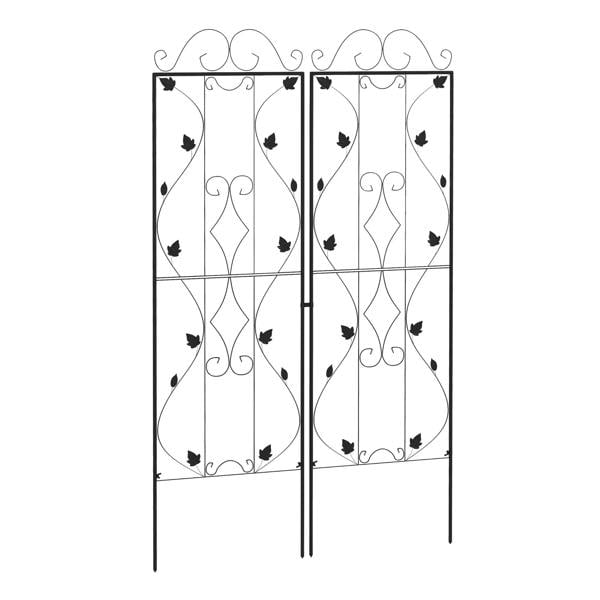 Black metal garden trellis set of 2 with leaf cutout scrollwork panels and arched top