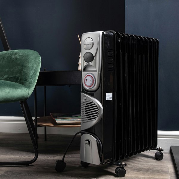 Samuel Alexander 2.5kw 11 Fin Black Electric Oil Filled Radiator / Heater Turbo & 24 Hour Timer