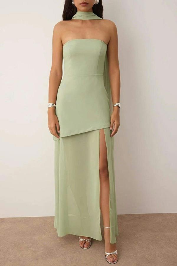 WOVCOR Woven Maxi Evening Dress with Shawl Detail
