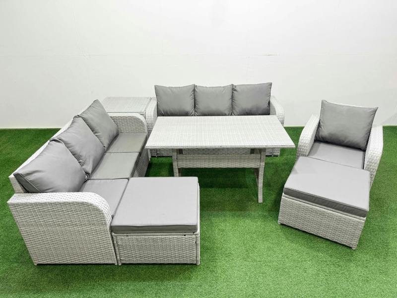 Fimous 9 Seater PE Rattan Garden Furniture Patio Set, Dining Table, 2x 3 Seater Sofas, Reclining Chair, 2 Big Footstools, Side Table, Light Grey