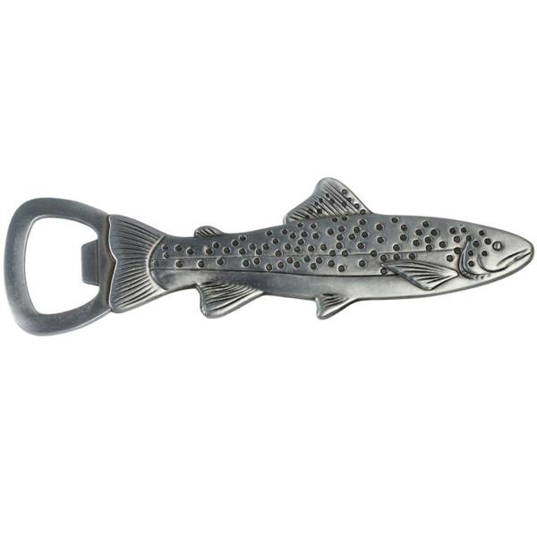 A silver stainless steel bottle opener shaped like a spotted trout fish, positioned horizontally with the head facing right and the tail loop opener on the left.