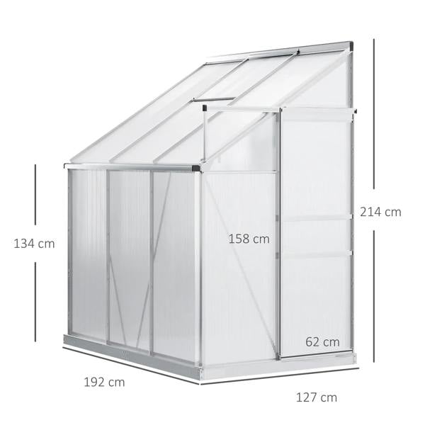 Lean-to polycarbonate greenhouse with clear panels, aluminum frame, and roof vent supports.