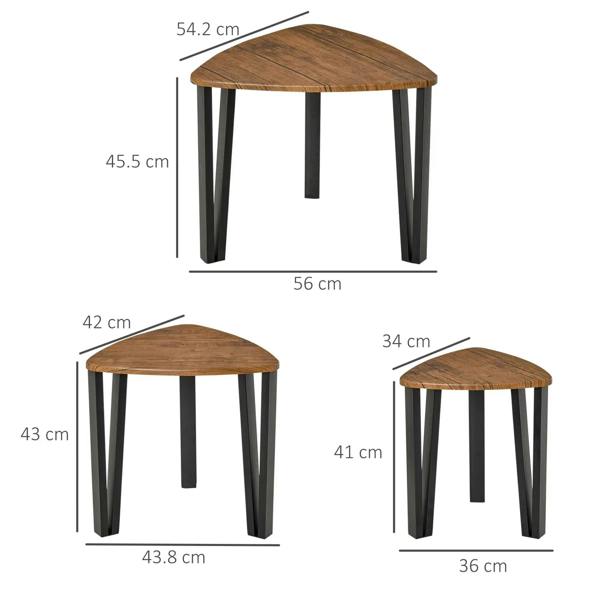 Three triangular nesting tables with walnut wood tops and black metal legs, size view