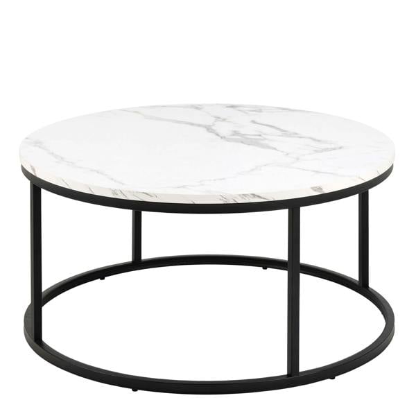 Wyld Haus Odense Round White Marble Effect Coffee Table Black Metal Legs