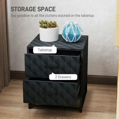 Bobobiy Bedside Tables Set of 2, Modern Bedside Table Nightstand with 2 Drawers, Bedside Cabinet Sofa Side Table with Storage, Steel Legs, Black