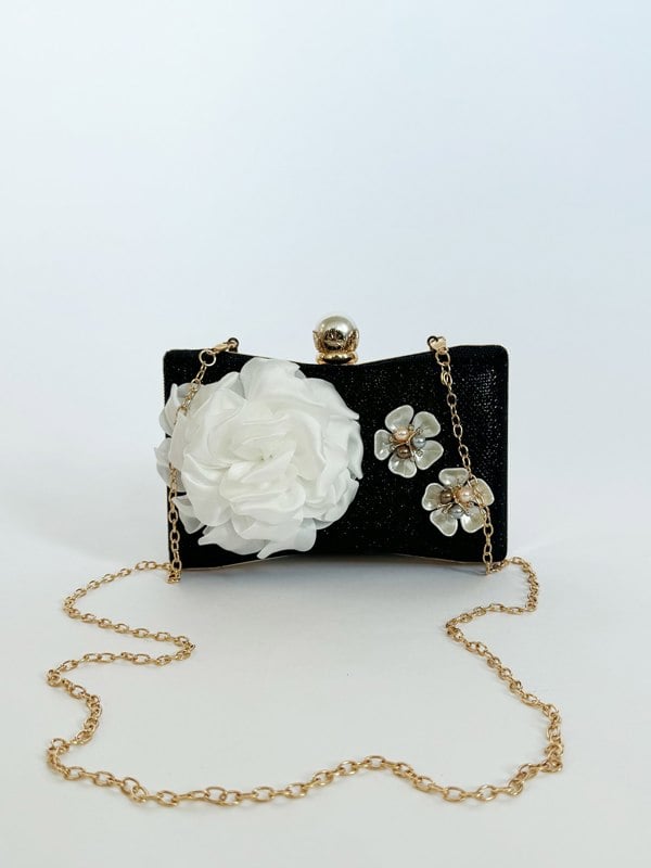 SVNX Square clutch Bag with 3D florals and Rhinestone handle in Black