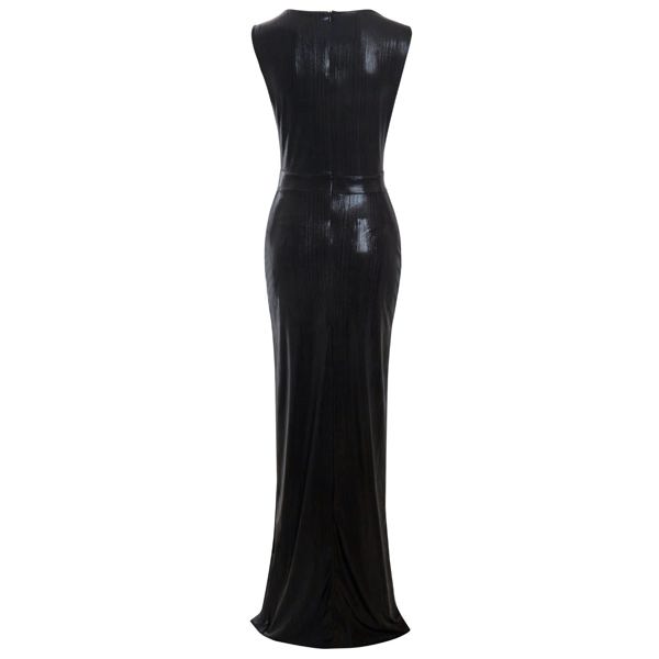 a Sarvin black metallic dress with a cut out slit