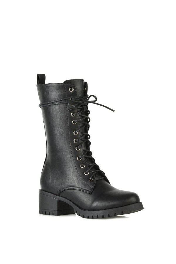 XY LONDON Mid Block Heel Lace Up Military Biker Ankle Boots