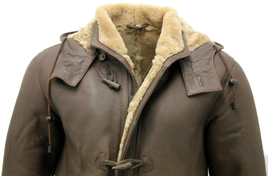 Infinity Leather Mens Sheepskin Leather Hooded Duffle Coat-Hanko