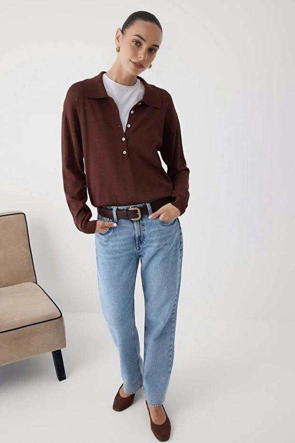 WOVCOR Mercerized Look Polo Collar Knit Sweater