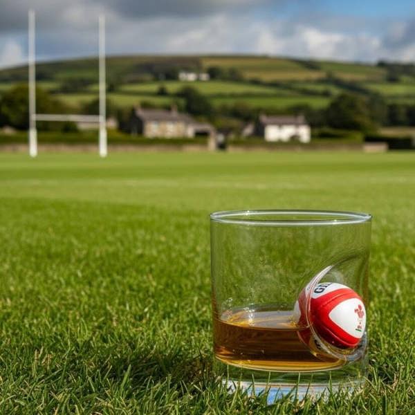 A 12oz whisky tumbler featuring a high-quality, miniature Welsh rugby ball pressed into the glass. The tumbler is sitting on lush green grass in a field, with rugby goalposts in the soft-focus background, evoking an authentic match-day atmosphere.