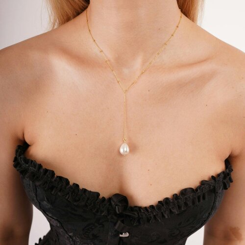 Spero London Sterling Silver Large Baroque Pearl Drop Beaded Chain Lariat Necklace