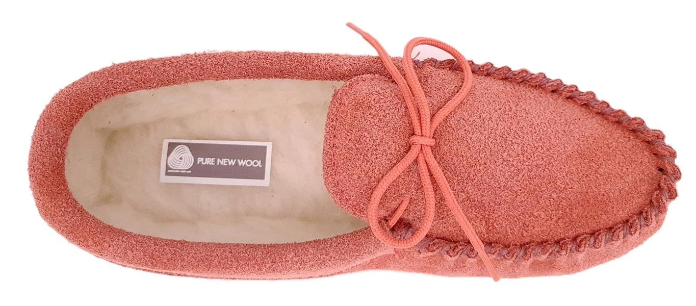 Mokkers Coopers Suede Wool Lined Ladies Pink Moccasin Slippers Made In England