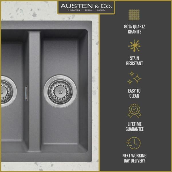 Austen & Co. Florence Inset & Undermount 1.5 Bowl Reversible Granite Kitchen Sink With Strainer & Over Flow Kit - Grey