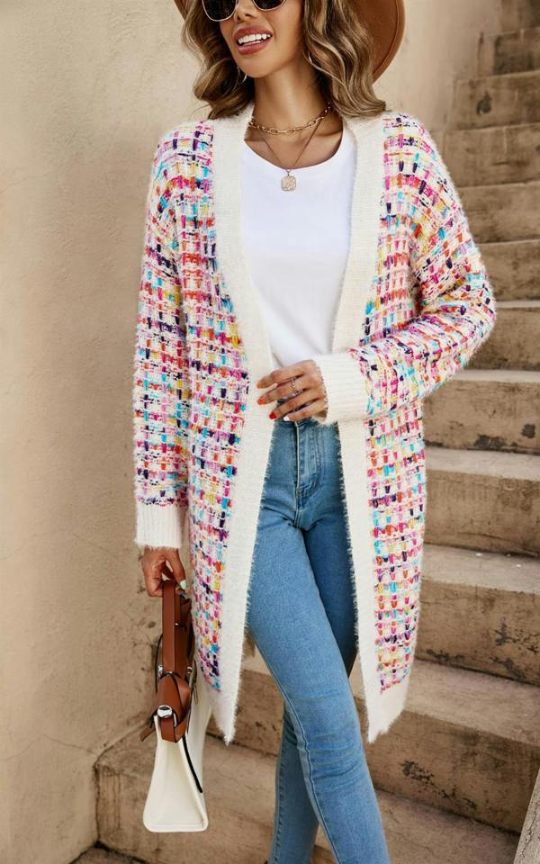 FS Collection Cream Boucle Check Cardigan In Rainbow Multicolour Speckles