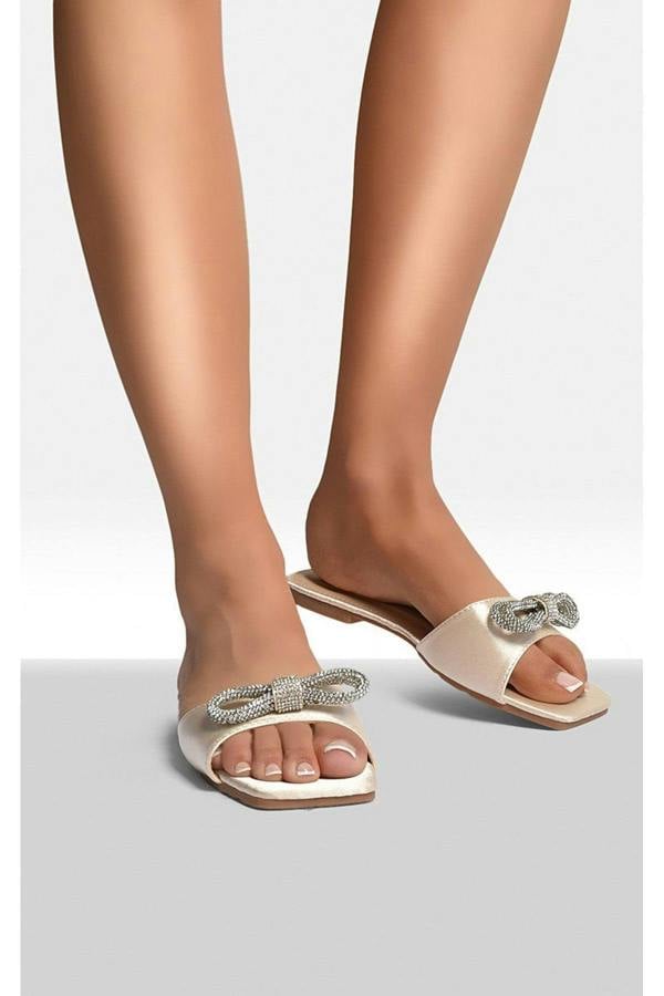 Lexie Embellished Bow Trim Open Toe Sandals - Champagne