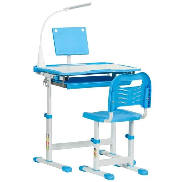 Blue kids study desk with adjustable height frame and matching plastic chair