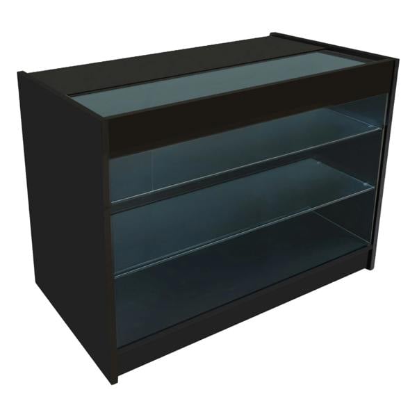 Theia LED Shop Counter Set in black features a sleek design with glass shelves and a top display area, ideal for showcasing products