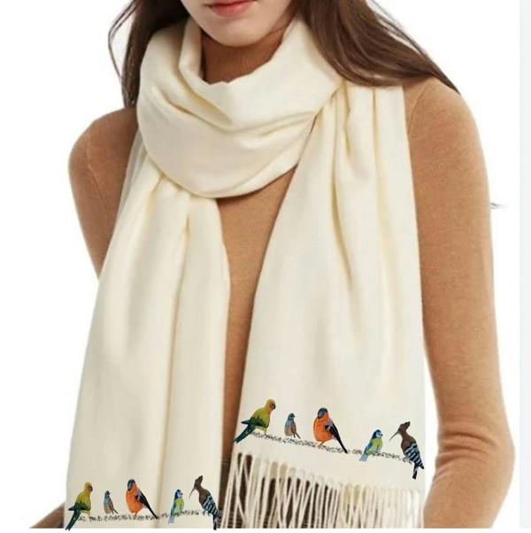 Art on Scarves Cashmere Feel Luxury Scarf Handprinted with Birds on a Wire