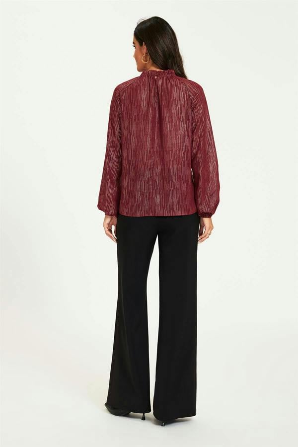 FS Collection Gold Stripe Foil Long Sleeve Frill High Neck Top In Wine