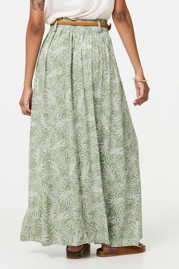 Green | Leaf Print Belt Detail Maxi Skirt
