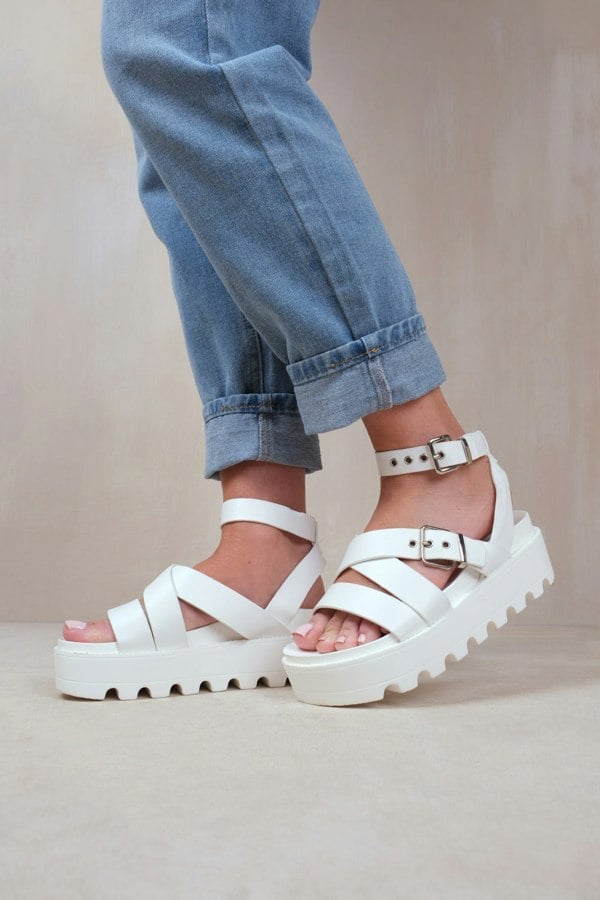 Where's That From Layla Wide Fit Buckle Strap Platform Sandals In White Faux Leather