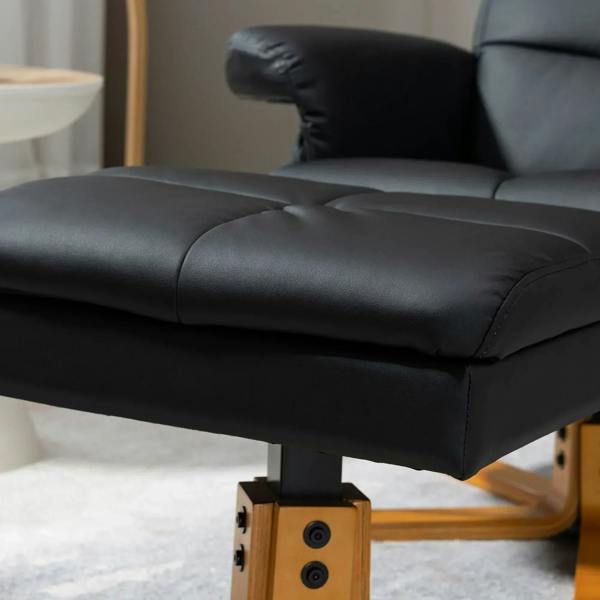 Close-up of black PU leather recliner seat cushion and wooden swivel base