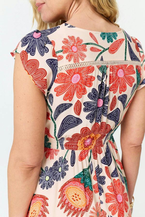 Orange | Floral Cap Sleeve V-Neck Maxi Dress