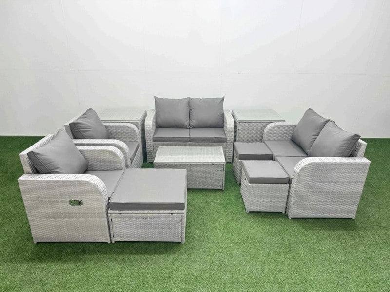 Fimous 9 Seater Outdoor Reclining Chair Love Sofa Set Rattan Garden Furniture Set with Rectangular Coffee Table 3 Stools 2 Side Table Light Grey